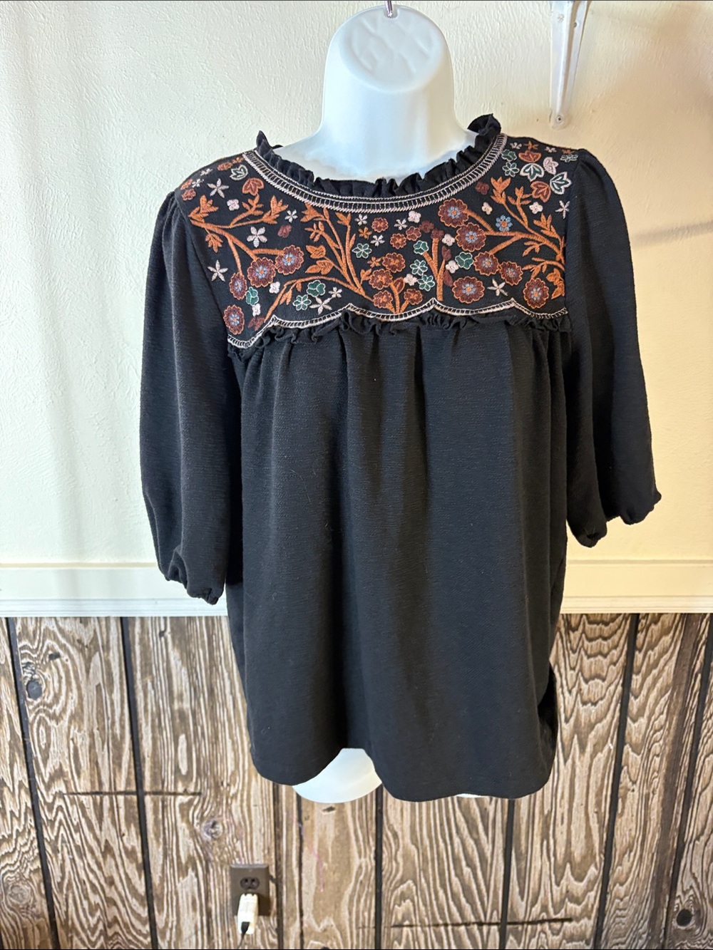 bohme Black Embroidered Floral Yoke Peasant Top